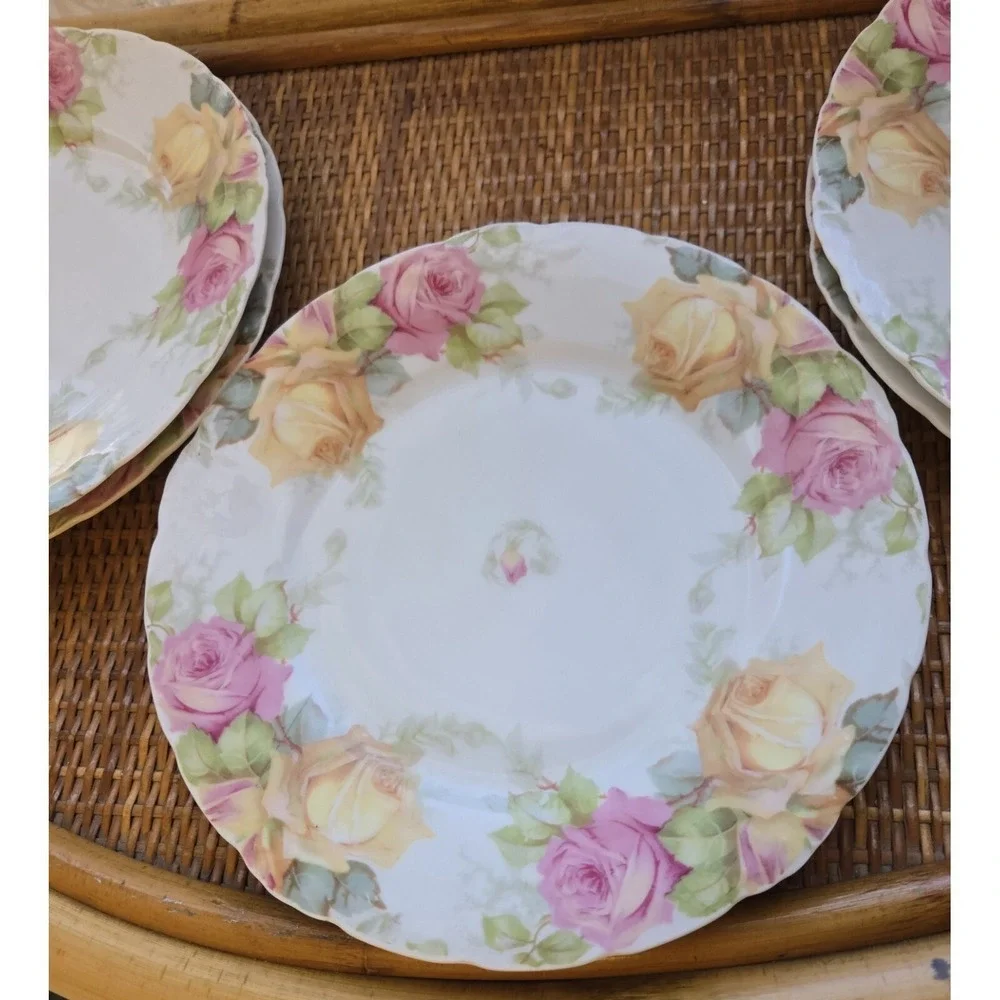 Antique Porcelain Plates 'Louvre' Series Hand- Painted Pink And Yellow Roses